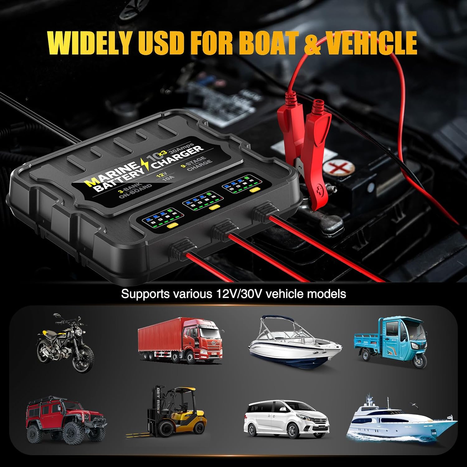 12V 30A 3-Bank Marine Battery Charger, Waterproof Onboard R9536