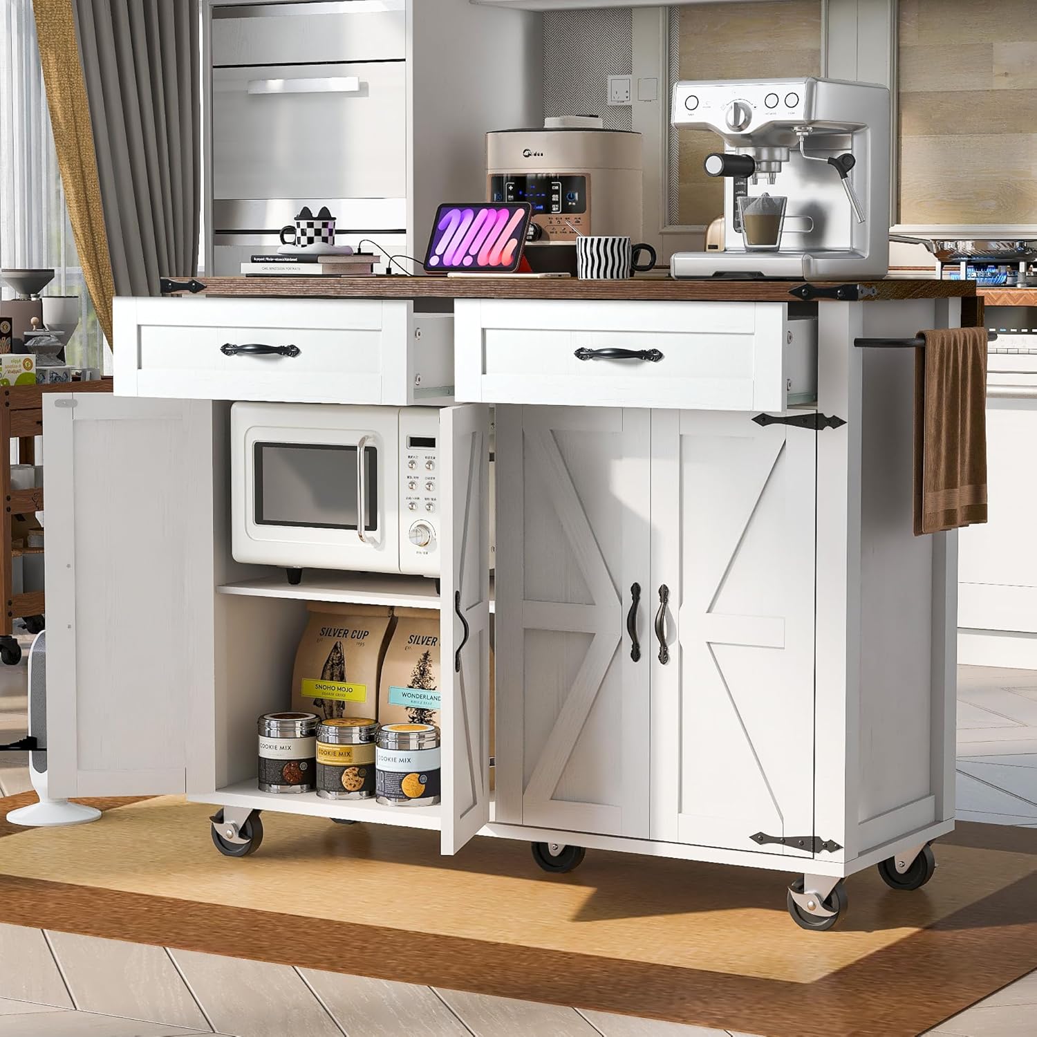 53.5Inch Kitchen Island with Power Outlet, Storage Cabinets Trolley with Drop Leaf, Spice Rack and Drawer, Rolling Kitchen Cart on Wheels, for Farmhouse and Dining Room, White