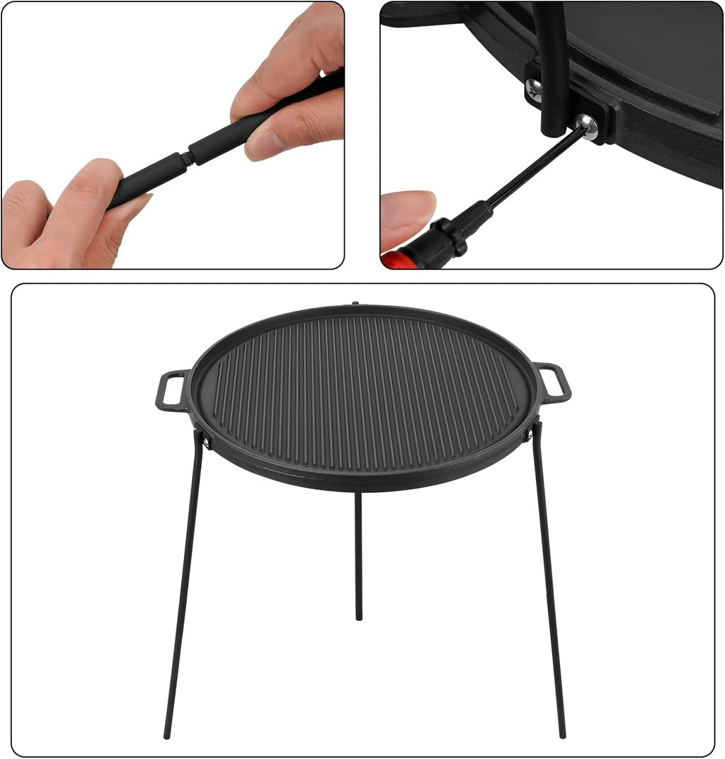 18" Cast Iron Double Sided Campfire Griddle with Handles and Adjustable Legs U681