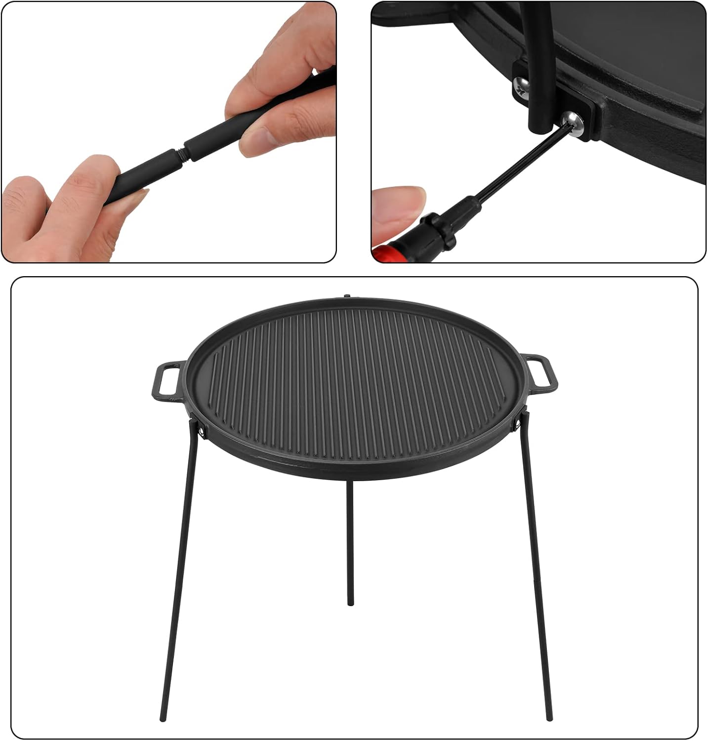 18" Cast Iron Double Sided Campfire Griddle with Handles and Adjustable Legs U681