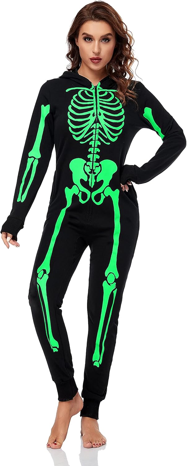 URATOT Women Skeleton Costume Glow in The Dark Halloween Onesie Pajama