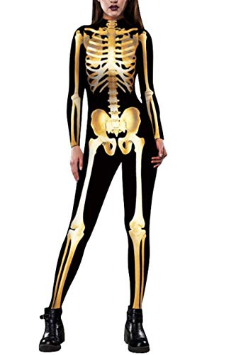 Halloween Women Digital Skeleton Tight One-piece Swimsuit Costume Jumpsuit with Zip-Back