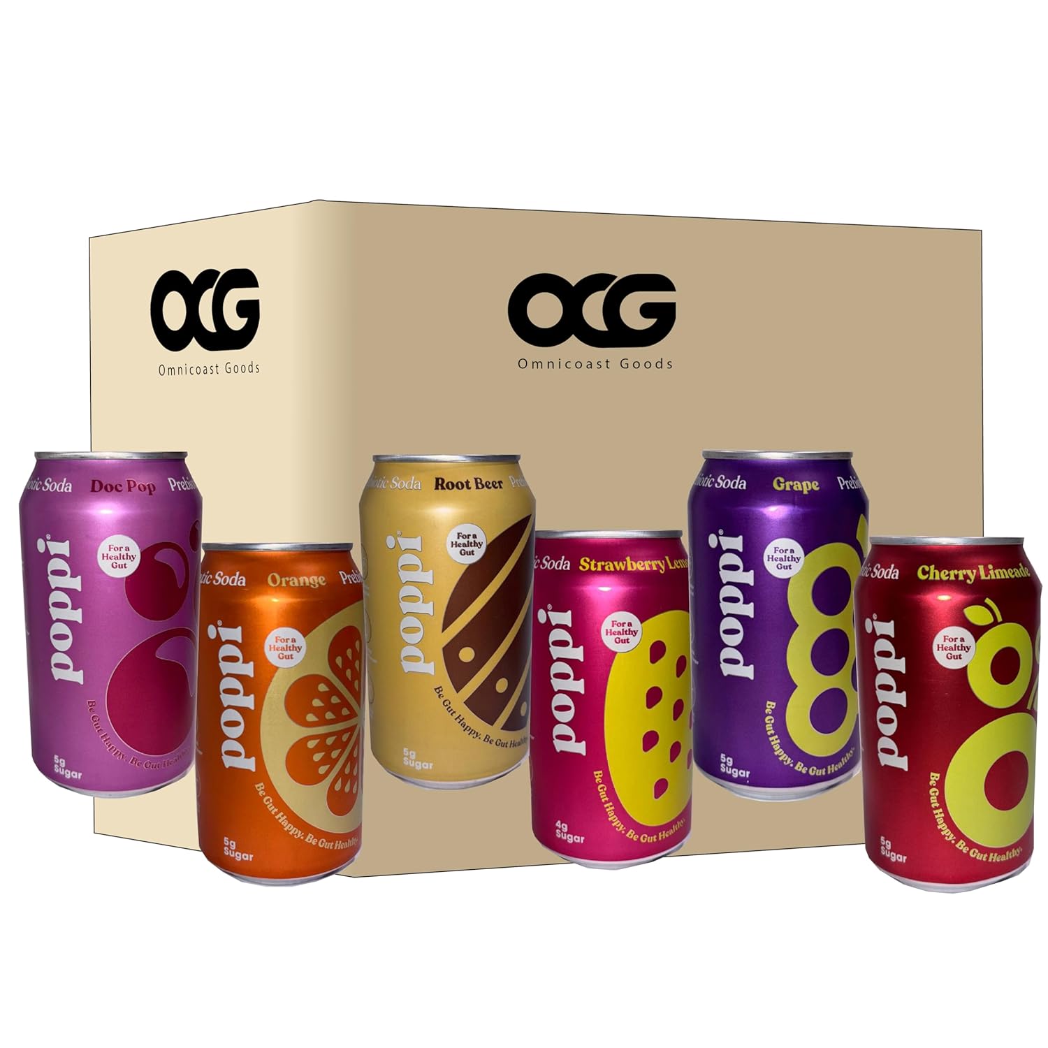 Poppi Prebiotic Soda Variety Pack, flavor bundle, 12 fl oz, 12-Pack, Low Calorie & Low Sugar Drinks, Doc Pop, Cherry Limeade,Strawberry lemonade, Orange & Grape bundled by OCG