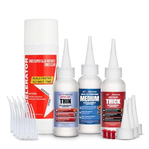 Starbond 2 oz. Thin, Medium, Thick CA Glue with 6 oz. Activator Bundle (Premium Cyanoacrylate Super Glue) for Quick Glue-ups. Woodworking, Woodturning, Hobby Models, 3D Printing