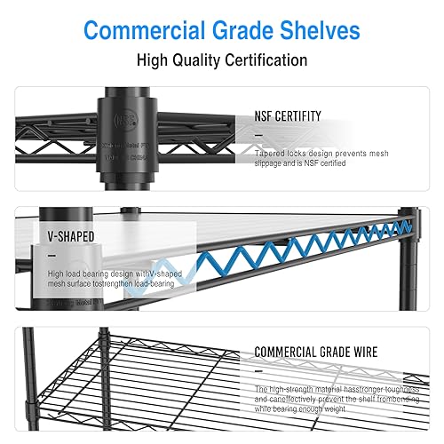 5 Tier NSF Metal Wire Shelving Unit, 60" H x 30" L x 14" D, Heavy Duty Adjustable Storage Rack with Wheels C23549