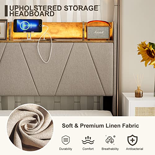 King Bed Frame with Charging Station and Storage Headboard, LED Light, Solid Wood Slats M630
