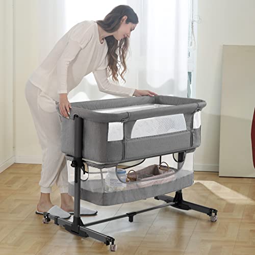 Baby Bassinet Bedside Sleeper, 3 in 1 Convertible, Newborn Crib Attaches to Bed, Pink S698