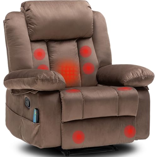 Rocker Recliner Chairs for Adults with Massage & Heat,360°Swivel Glider Nursery Manual Overstuffed Reclining Chair for Living Room,Upholstered Fabric 120°Rocking Chair Bedroom RV Brown