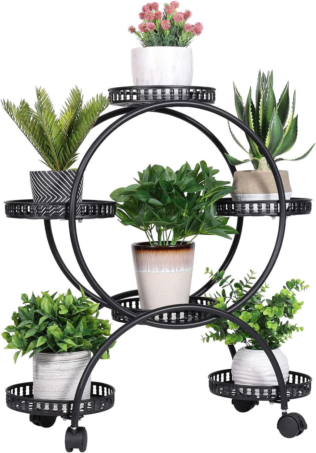 Metal Plant Stand 6-Potted: Flower Pot Holder with Wheels 4 Tier Display Shelf Rack for Patio Balcony Yard Garden Home Decor