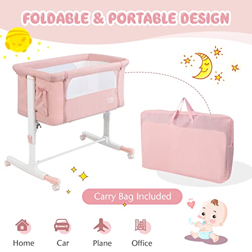 3 in 1 Folding Bassinet Bedside Sleeper with Adjustable Height, Mattress, Wheels, Storage & Carry Bag (Pink) D6125