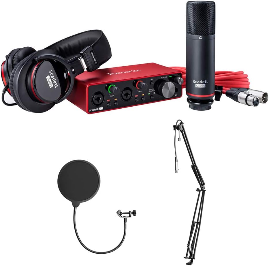 Focusrite Scarlett 2i2 Studio 3rd Gen 2-in, 2-out USB Audio Interface with Microphone & Headphones, MBS5000 Boom Arm with XLR Cable & Kellopy Pop Filter Bundle