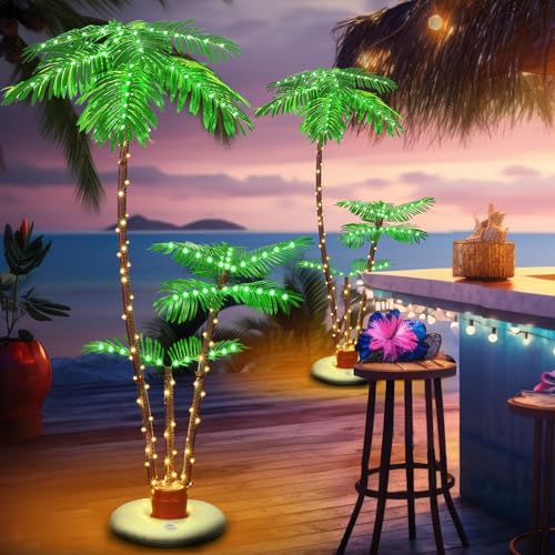 Lighted Palm Trees for Outdoor Patio, 6Ft 2 Trunks with 8 Modes O301