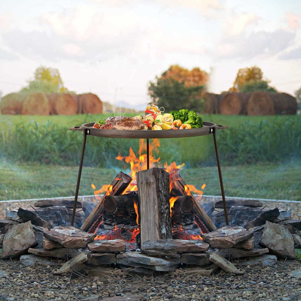 18" Cast Iron Double Sided Campfire Griddle with Handles and Adjustable Legs U681