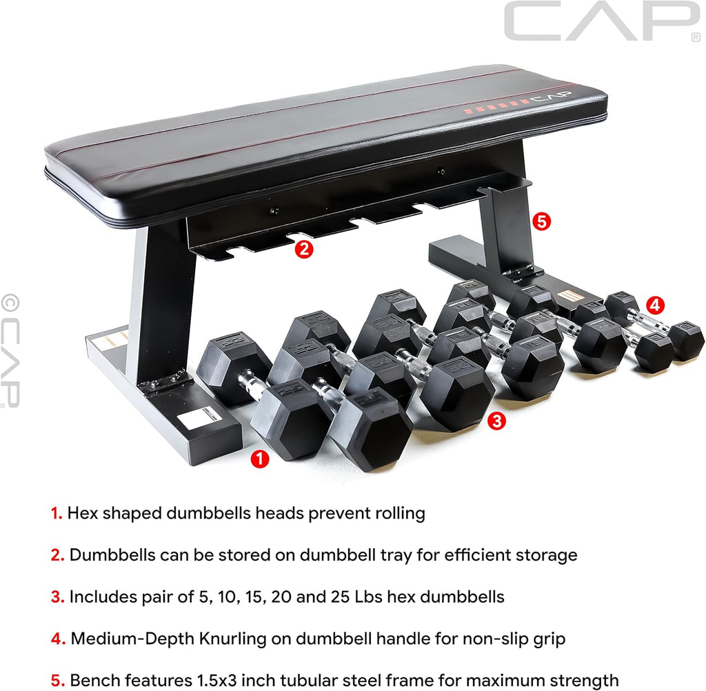 Flat Bench with Dumbbell Storage and 150 lb Hex Dumbbell Set E6781