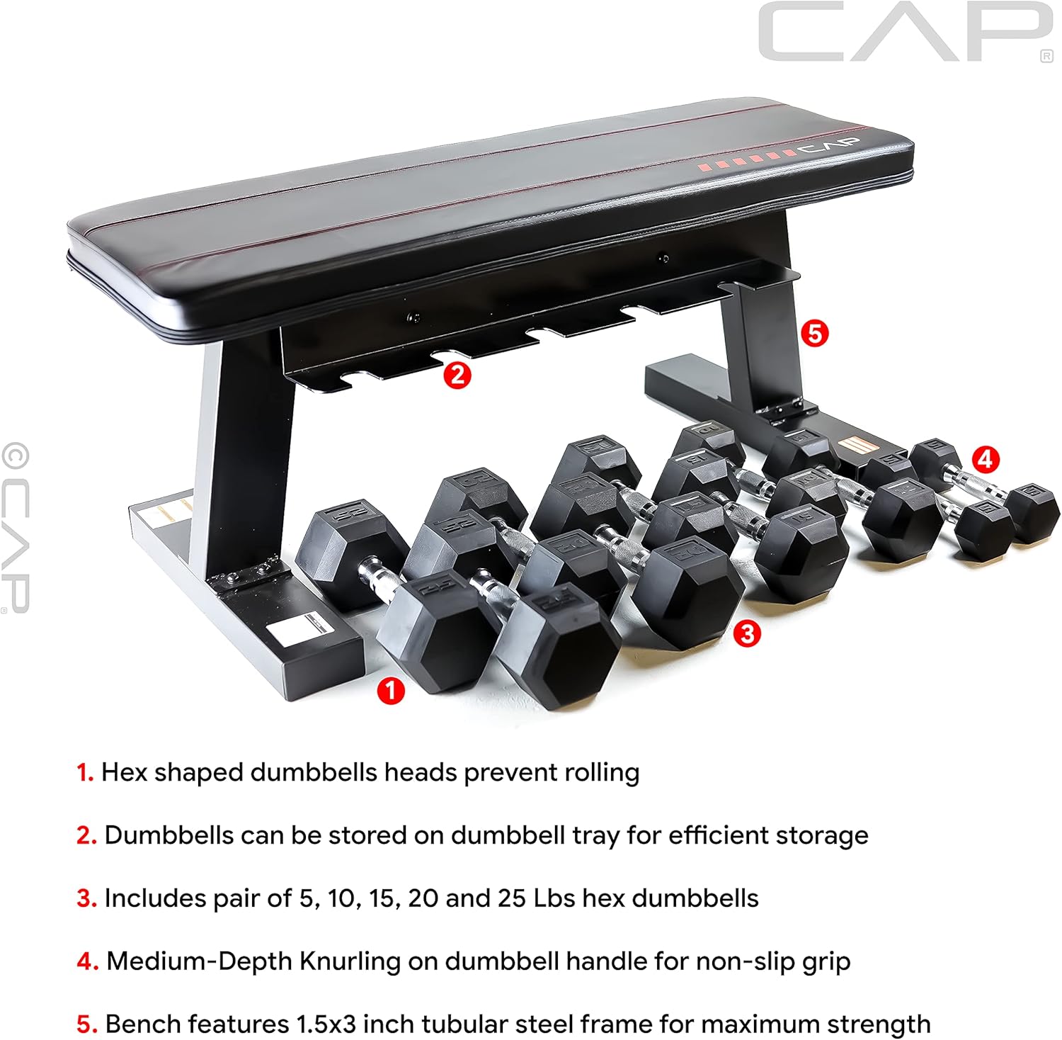 Flat Bench with Dumbbell Storage and 150 lb Hex Dumbbell Set E6781