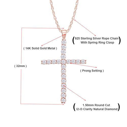 14K Solid Gold Diamond Cross Pendant with Silver Chain J323