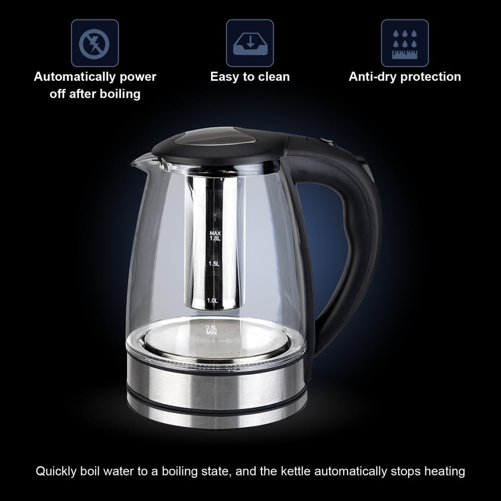Electric Glass Kettle 1.8L with Mesh Filter, Auto Shut-Off W44127