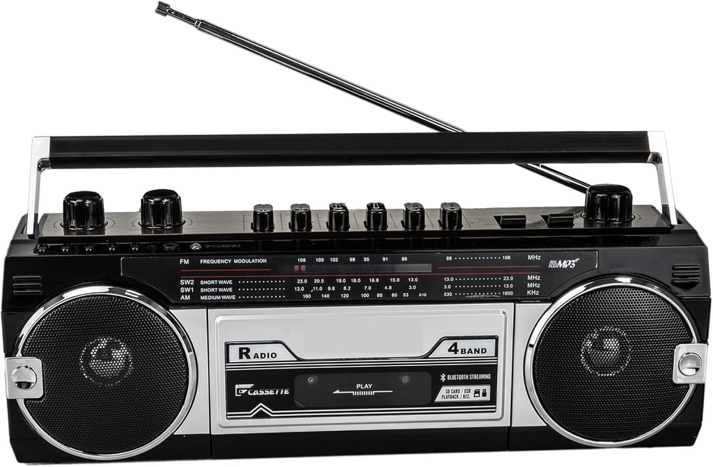 Retro Bluetooth Boombox, AM/FM -SW1/SW2 Radio, Convert Cassettes to USB/SD, Radio Cassette Player Recorder, USB/Micro SD Slots, Headphone Jack, Built-in Microphone，Black