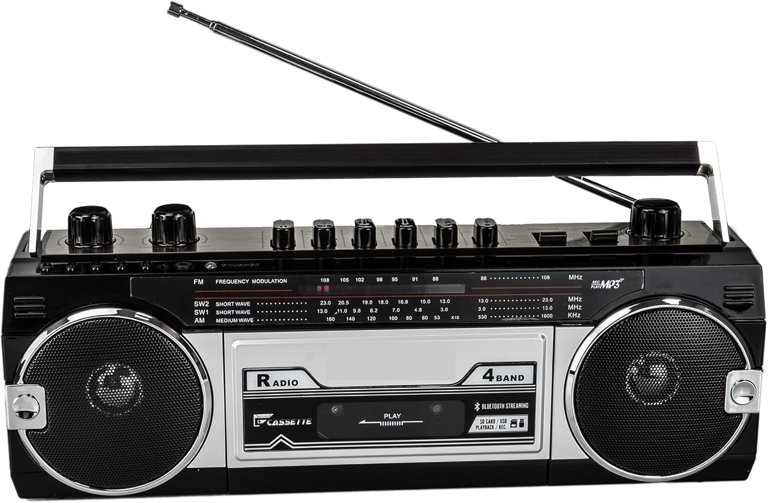 Retro Bluetooth Boombox, AM/FM -SW1/SW2 Radio, Convert Cassettes to USB/SD, Radio Cassette Player Recorder, USB/Micro SD Slots, Headphone Jack, Built-in Microphone，Black
