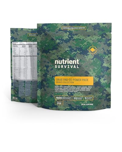Nutrient Survival MRE Bravo Grab and Go Power Pack (8 Individually Packed Servings) Ready to Eat Meals, Freeze Dried Prepper Supplies, One Full Day Nutrition & Drinks Pack, Emergency Food Supply
