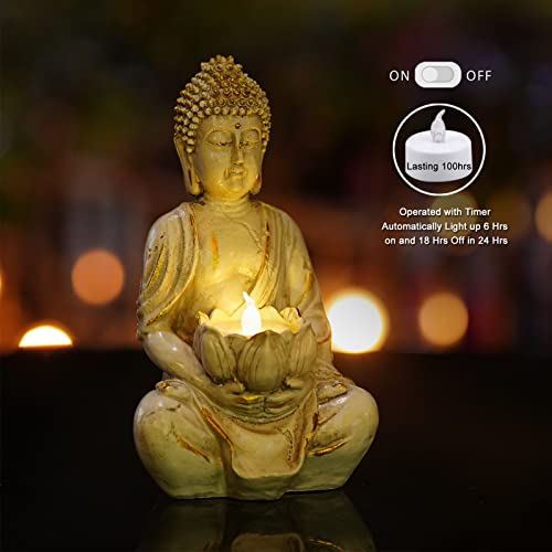 Meditation Buddha Statue with LED Tea Light Candle Holder, Zen Home Decor, 8" V7174