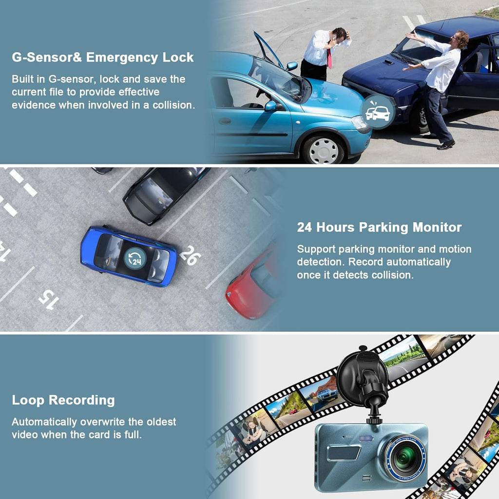 Dash Cam Front and Rear, 720P HD Dual Car Camera with Night Vision R980