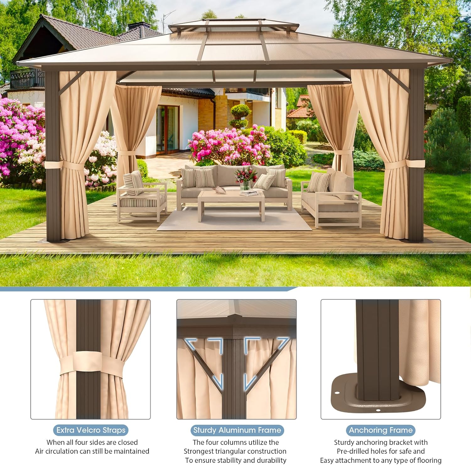 10x12FT Hardtop Gazebo with Curtains and Netting for Patios T46473