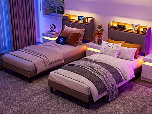 King Bed Frame with Charging Station and Storage Headboard, LED Light, Solid Wood Slats M630