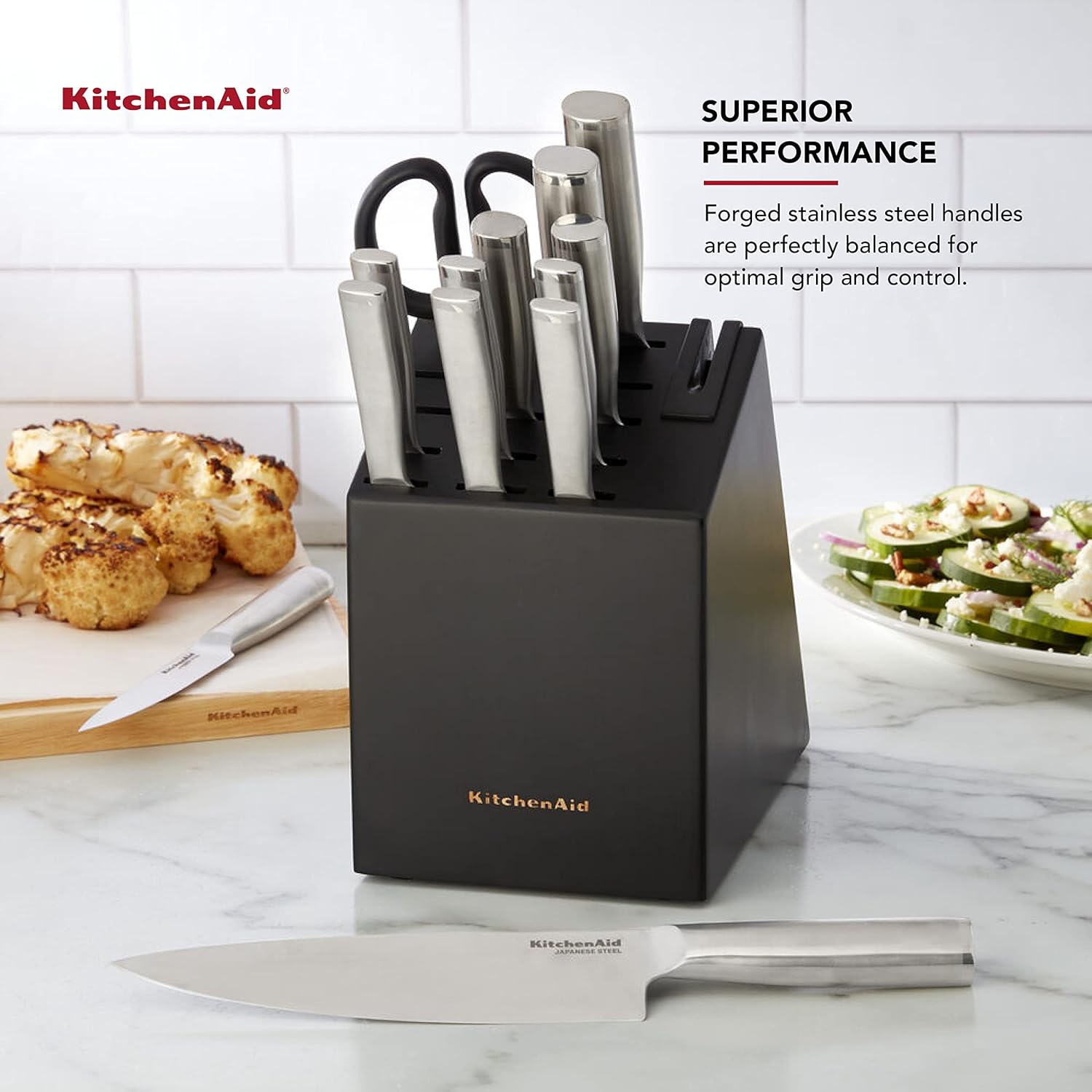 Stainless Steel Knife Block Set with Built-in Sharpener, 14 Piece, Black T264977