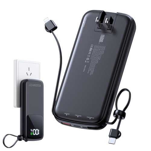 Portable-Charger-Power-Bank - 15000mAh Portable Charger PD30W Fast Charger, Built-in AC Wall Plug and 2 Output Cables with LED Display for iPhone 14 13 12 X Samsung S22 S21 Google iPad etc (Black)