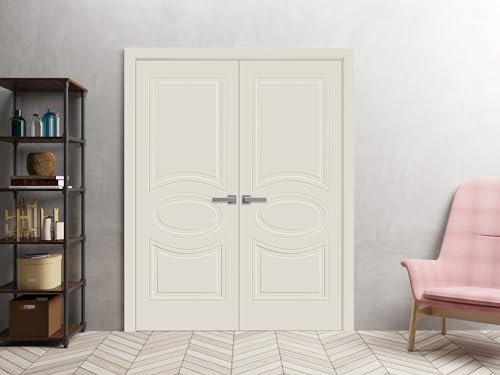 Interior Solid French Double Doors 48 x 84 inches Creamy Painted Wood Panel Frame S8116