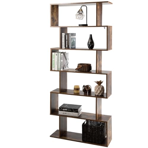 Tangkula 6-Tier Geometric Bookcase, Modern S-Shaped Storage Display Bookshelf for Living Room, Anti-Toppling Device, Home Office Wooden 6 Shelf Open Bookcase (2, Black)