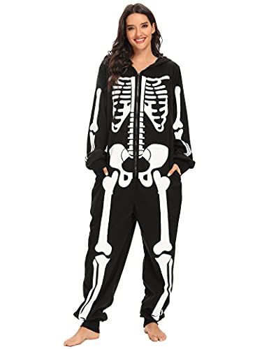 Adult Halloween Skeleton Costume Unisex Skeleton Plush Pajamas Onesie Cozy One Piece Cosplay Costumes for Women