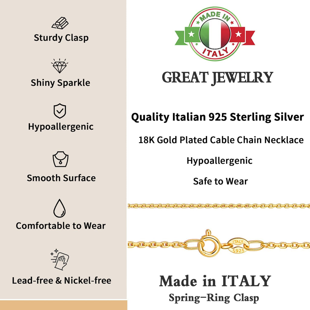 Solid 18k Gold Over 925 Sterling Silver Chain Necklace for Women, 1.1mm Cable Chain V952641