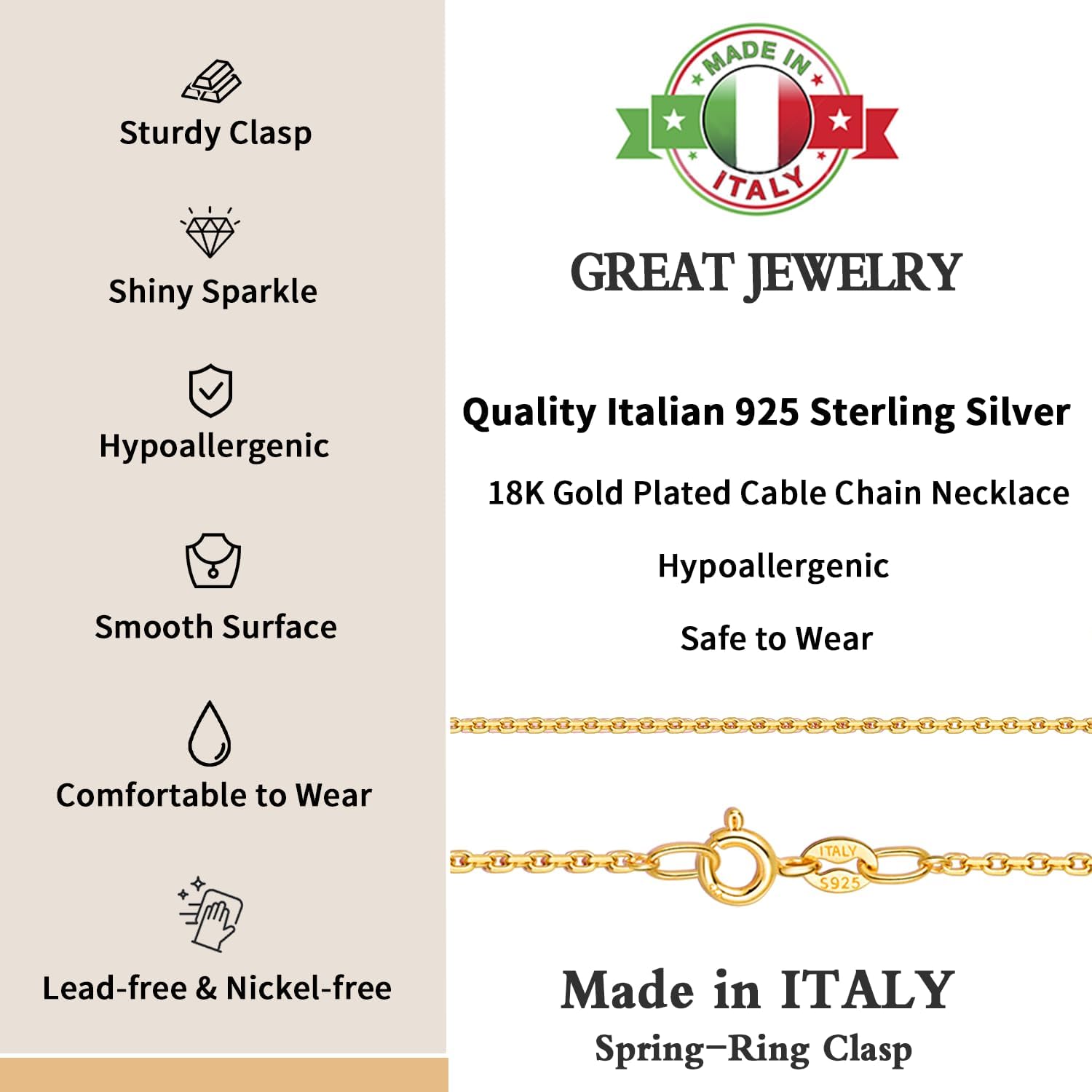 Solid 18k Gold Over 925 Sterling Silver Chain Necklace for Women, 1.1mm Cable Chain V952641