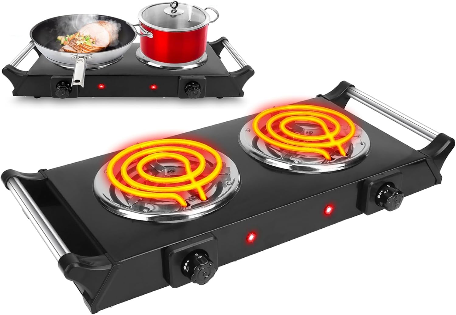 Hot Plate, 2000W Portable Electric Stove for Cooking with Stay Cool Handles & 5 Levels Adjustable Temperature, Countertop Double Coil Burner for Home RV Camp Compatible for All Cookwares Black