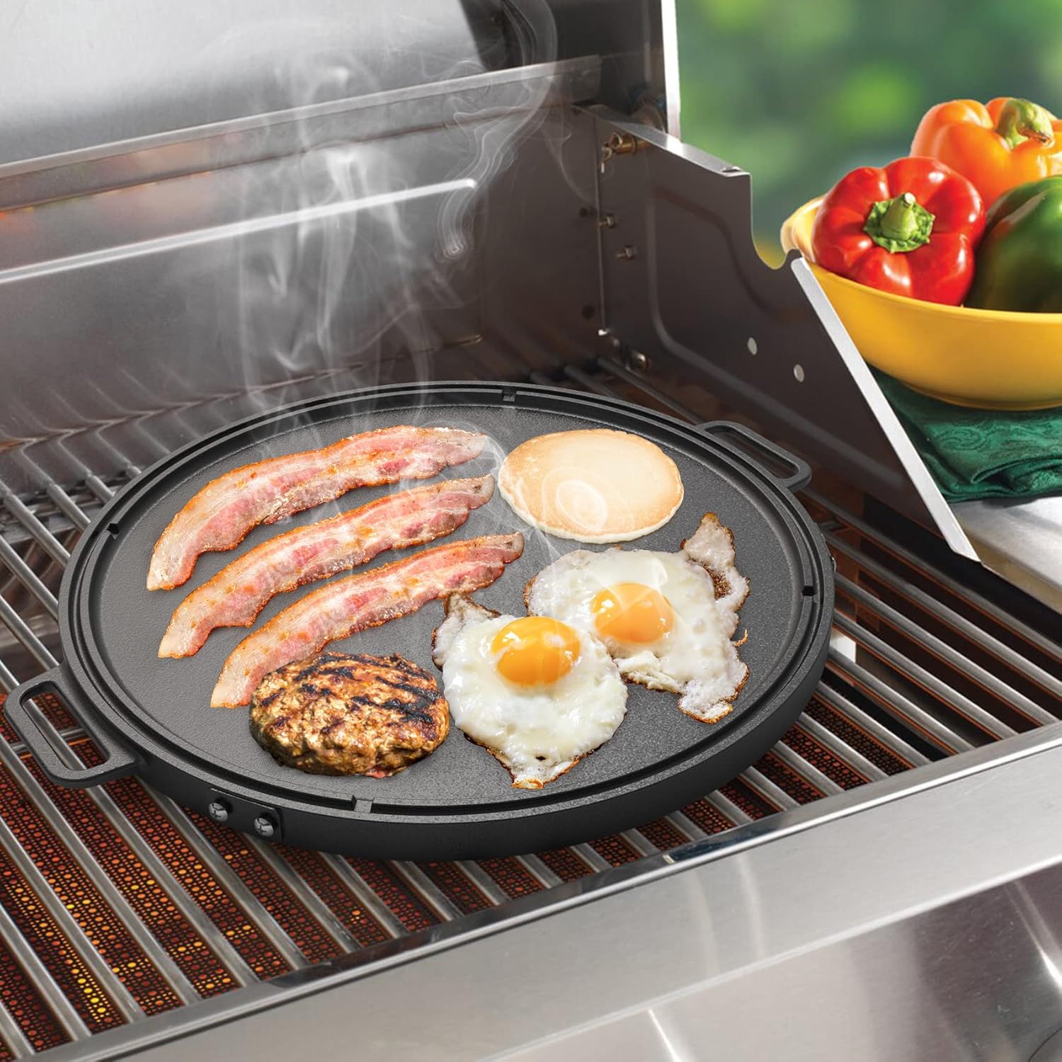 18" Cast Iron Double Sided Campfire Griddle with Handles and Adjustable Legs U681