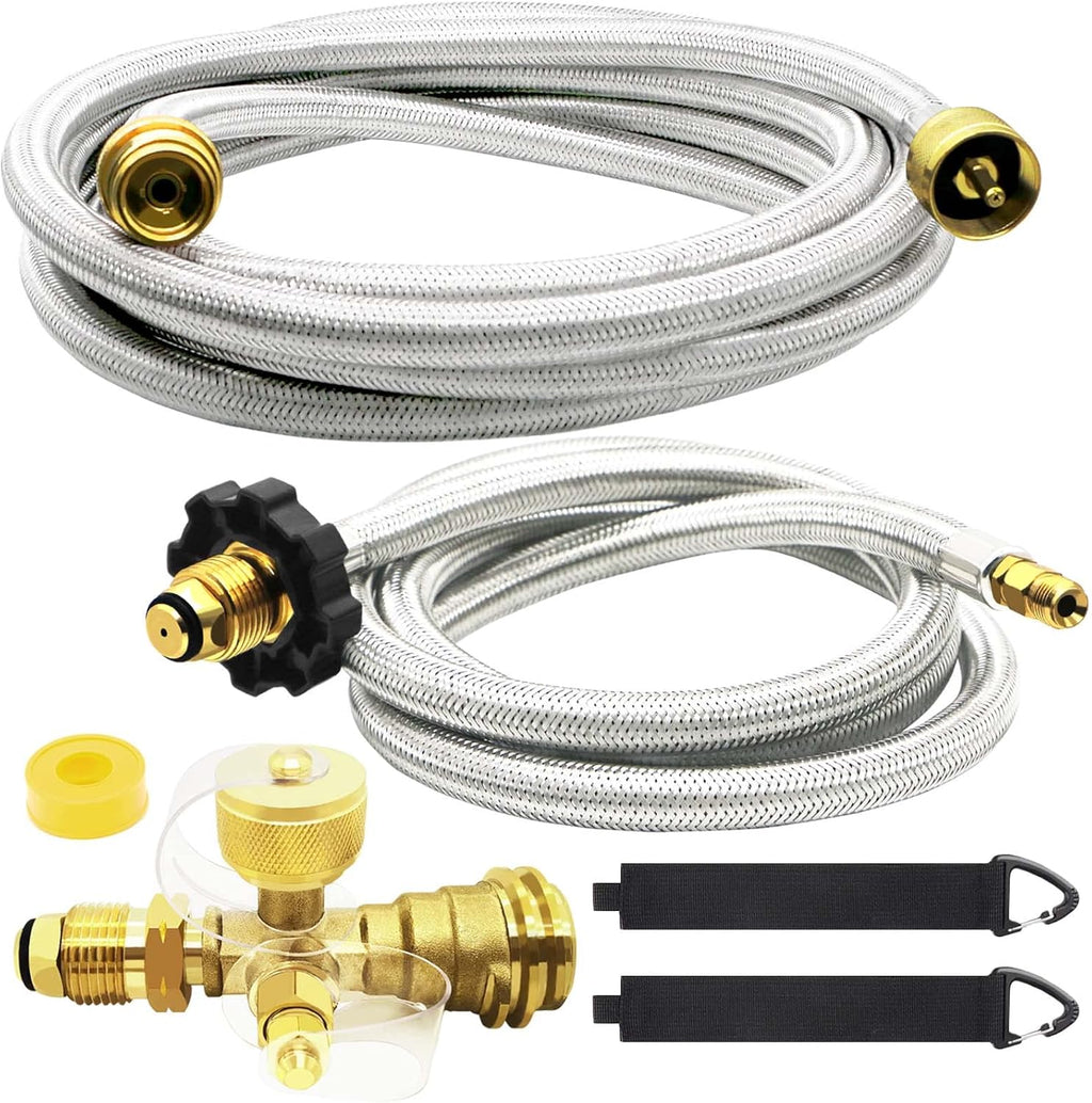 Propane Brass 4 Port Tee Kit Propane Brass Tee Adapter Kit 5FT and 12FT Stainless Braided Hoses Allow for Connection Between Auxiliary Propane Cylinder and Propane Appliances for Tank RV Camping