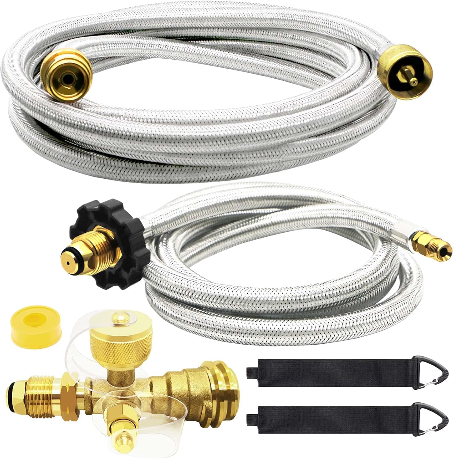 Propane Brass 4 Port Tee Kit Propane Brass Tee Adapter Kit 5FT and 12FT Stainless Braided Hoses Allow for Connection Between Auxiliary Propane Cylinder and Propane Appliances for Tank RV Camping