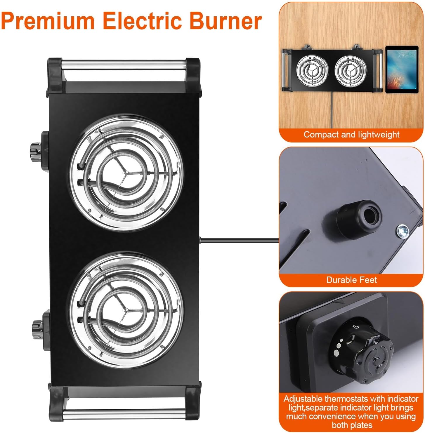 Portable Electric Hot Plate, 2000W Double Coil Burner with Adjustable Temperature Z380400