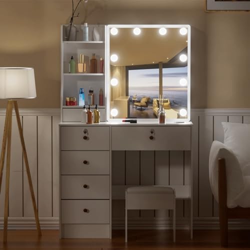 Vanity Desk with Mirror and Lights, Large Drawers, Cushioned Stool P25988