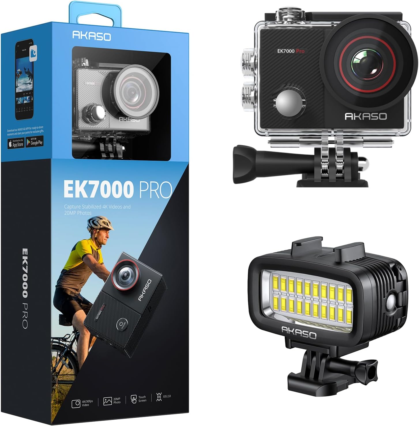 AKASO EK7000 Pro 4K30FPS 20MP WiFi Action Camera and 131ft (40m) Waterproof Diving Light