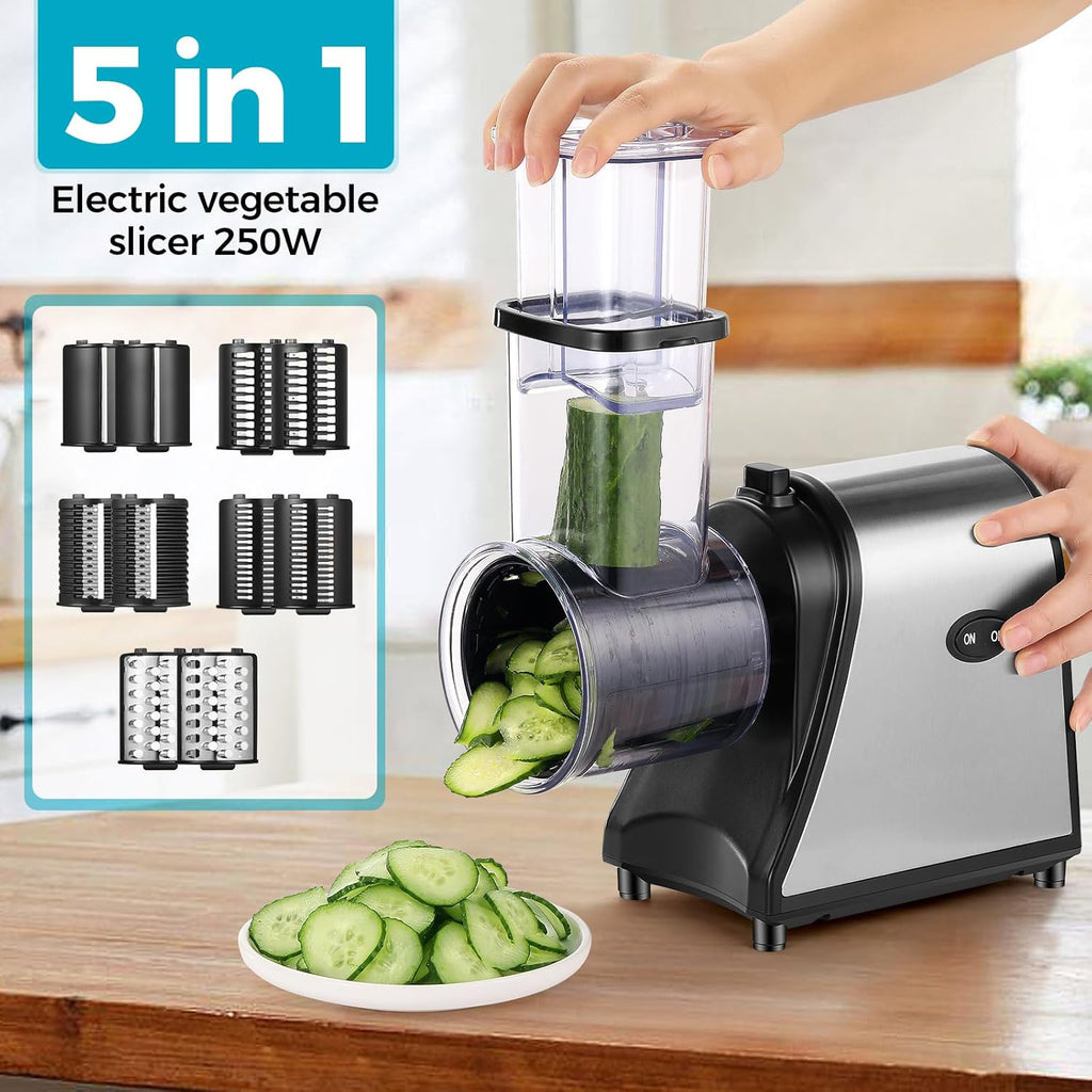 Electric Cheese Grater with 5 Attachments for Vegetables, Fruits, and Cheese O4303