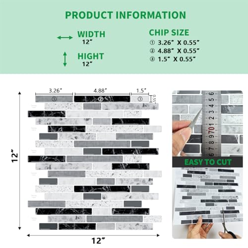 Self-Adhesive Peel and Stick Backsplash for Kitchen, Vinyl Decorative Tiles (Gray) C305926