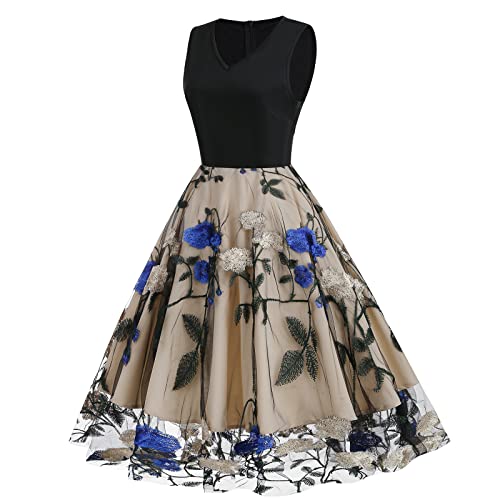 V Neck Sleeveless Floral Embroidery Dress for Women F3769