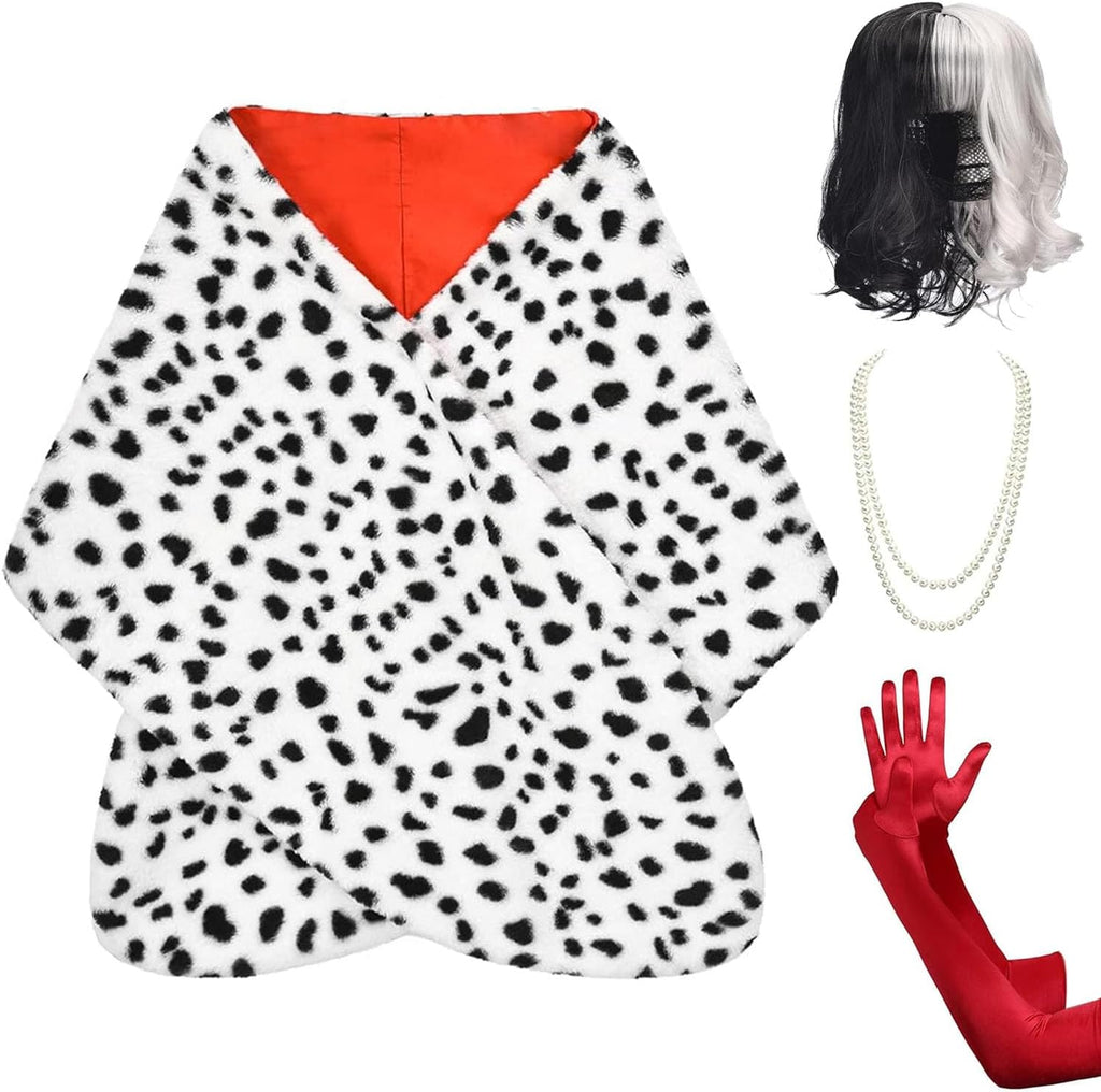 Halloween Costume Women 2022 - Black and White Wig,Dalmatian Shawl,Red Gloves,Necklace and Wig Cap Accessories for Adult (Short Wig)
