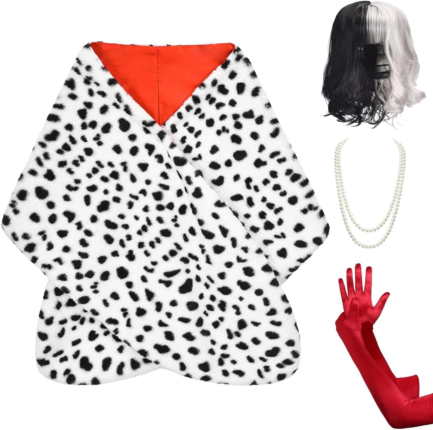 Halloween Costume Women 2022 - Black and White Wig,Dalmatian Shawl,Red Gloves,Necklace and Wig Cap Accessories for Adult (Short Wig)