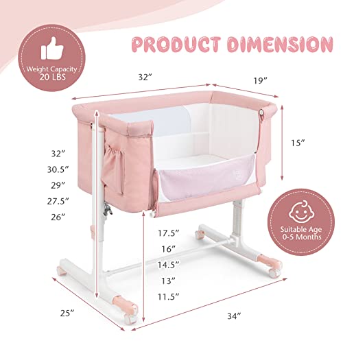 3 in 1 Folding Bassinet Bedside Sleeper with Adjustable Height, Mattress, Wheels, Storage & Carry Bag (Pink) D6125