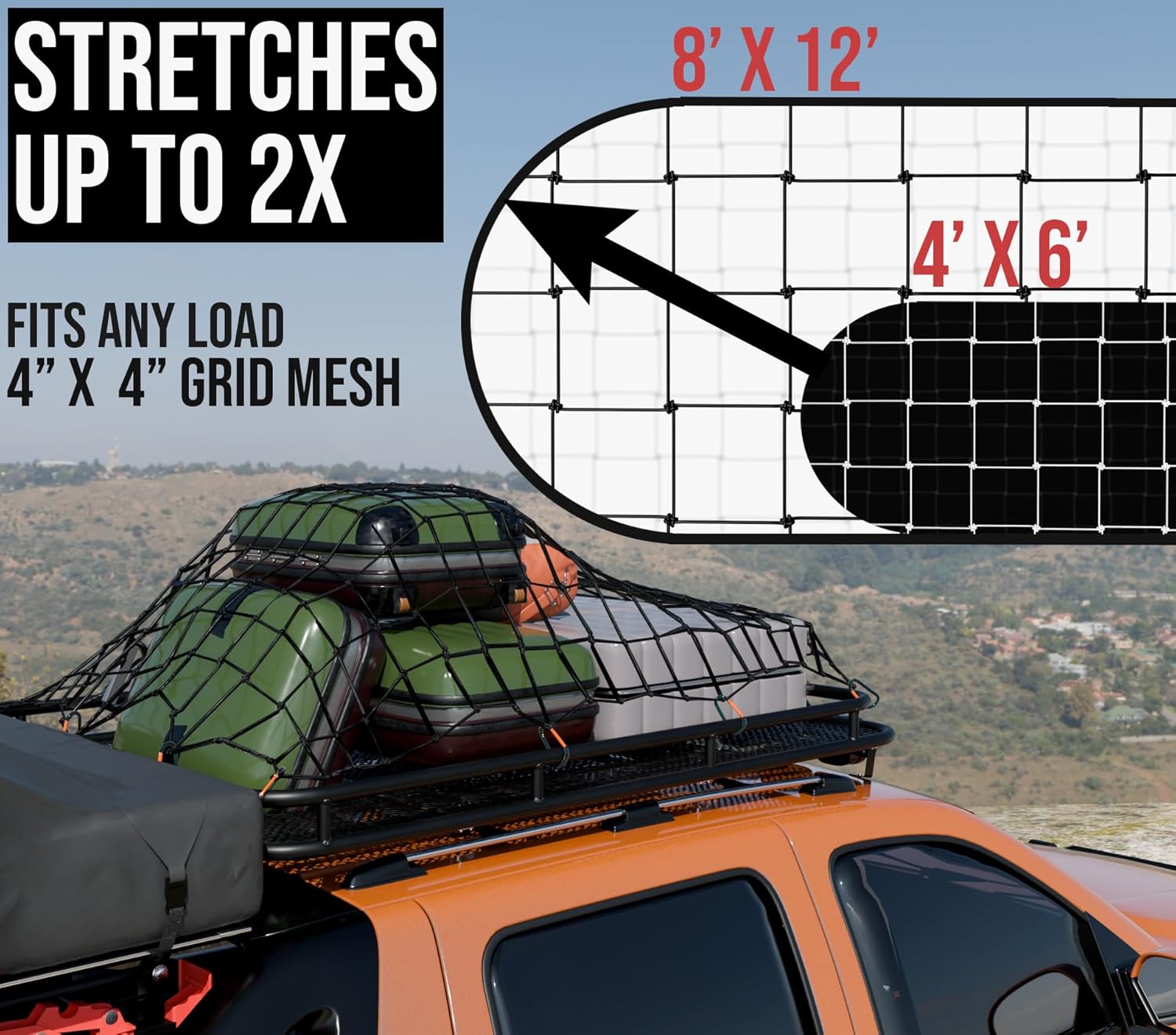 Heavy Duty Truck Bed Cargo Net with Stretchable Mesh and Metal Carabiners C263