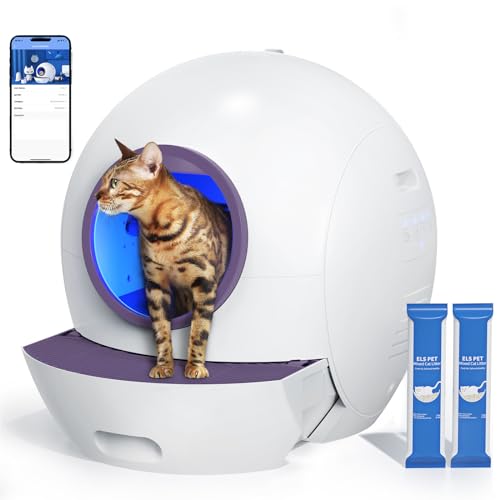 ELS PET Self Cleaning Litter Box for Multiple Cats with 2 Pack Litter, Automatic Cat Litter Box Self Cleaning 60L Large Box, Spaceship Self Cleaning Cat Litter Box App Control & Odor-Free White